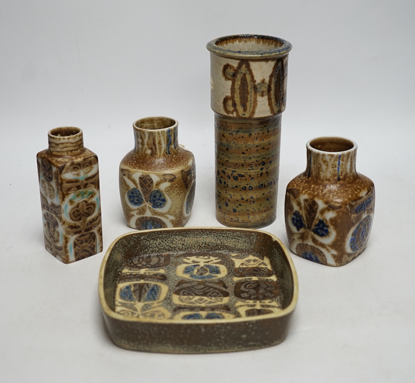 Five Royal Copenhagen fajance or Alumina items by Nils Thorssen, four vases and a square section shallow dish, tallest 19cm